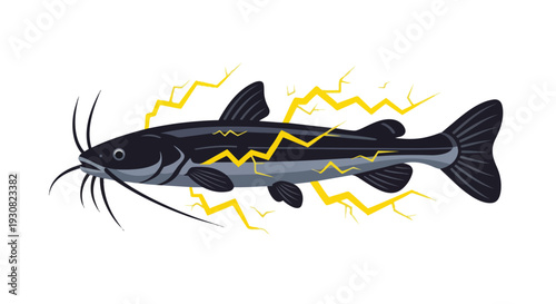 Dynamic illustration of a powerful black catfish emanating vibrant yellow lightning bolts against a clean white backdrop, a symbol of aquatic energy