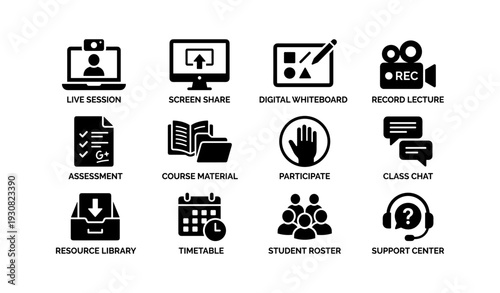 Online learning tools: live session, digital whiteboard, course material, class chat, support center