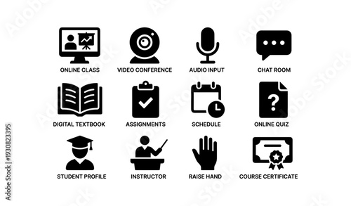 Online learning icons: class, video, audio, chat, textbook, assignments, schedule, quiz, profile