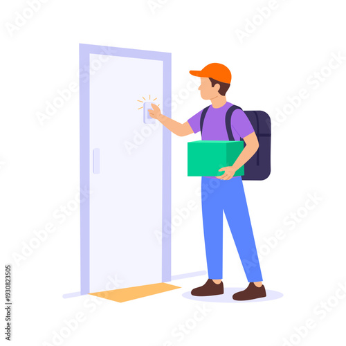 Courier Ringing Doorbell, arriving at customer location, Flat vector character illustration