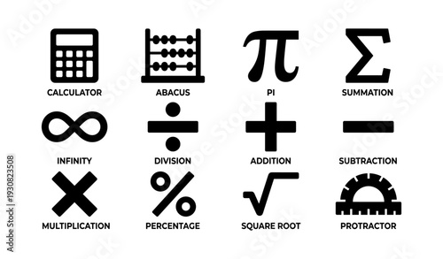 Math symbols: calculator, abacus, pi, infinity, division, addition, protractor