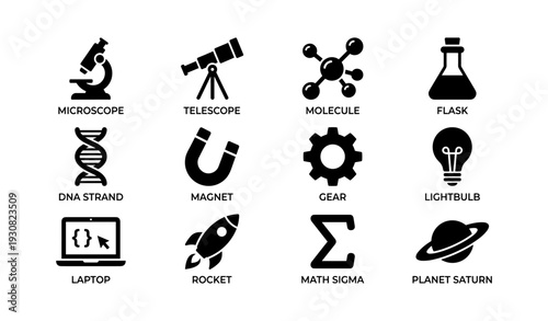 Science icons: microscope, telescope, molecule, flask, dna strand, magnet, gear, lightbulb, laptop, rocket, math sigma, planet saturn