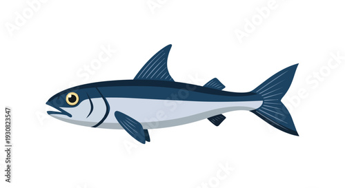 A stylized depiction of a sleek, blue and silver marine fish with sharp fins, isolated on a clean white background