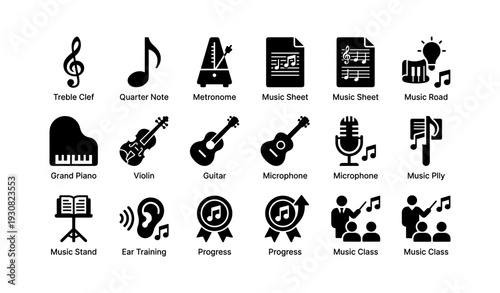 Music icon set featuring instruments and musical symbols