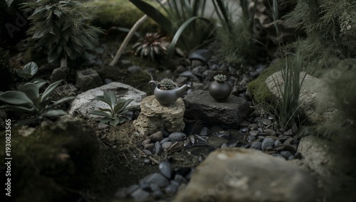 Small Teapots on Stones in a Garden With Green Plants and Gravel Pathways
