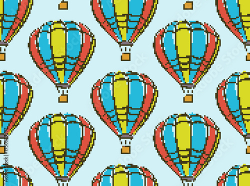 A seamless pixel background with hot air balloons.