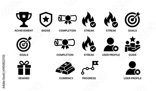 Achievement icons set: goals, badges, completion, progress, rewards