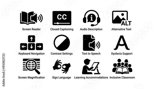 Accessibility tools for digital inclusivity: screen reader, closed captioning, audio description, alternative text