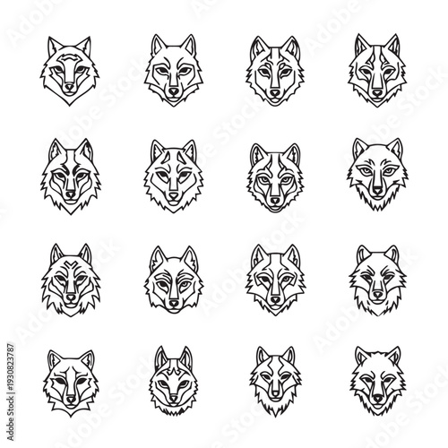 Collection of Stylized Wolf Head Icons and Illustrations