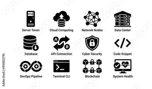 Technology icons set featuring cloud computing, blockchain, cyber security, network nodes, database