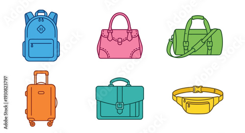 Colorful collection of various bag and luggage types in a flat design