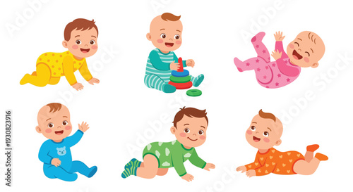 Six cartoon babies in various playful positions and colorful clothing
