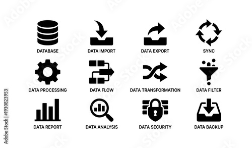Data management icons: database, import, export, sync, security, backup