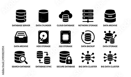 Database icons collection: servers, storage, backup, security, management