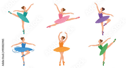 Six ballerinas in colorful tutus performing various dance poses