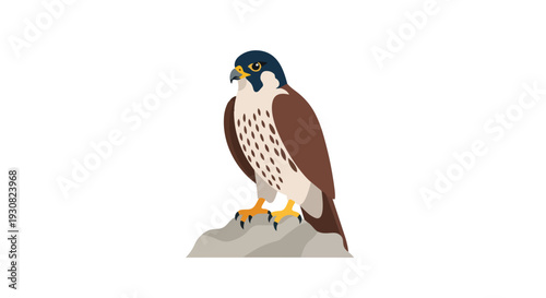 A striking, stylized illustration of a peregrine falcon perched stoically on a textured rock formation against a clean white background