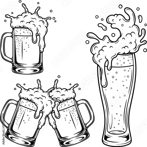 Beer glasses and toast silhouette set vector illustration.
