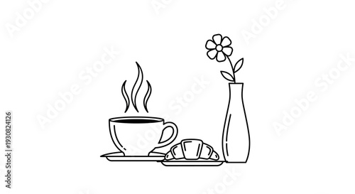 Steaming cup of coffee with bread.