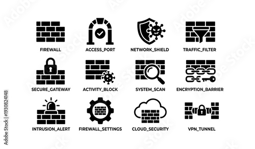 Cybersecurity icons: firewall, network shield, traffic filter, system scan