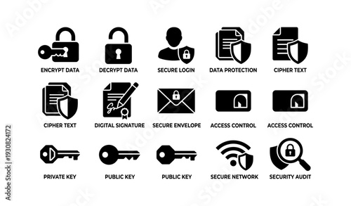 Secure data protection icons: keys, locks, security audit, cipher text, digital signature