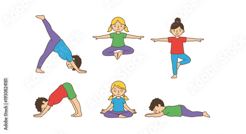 Children practicing various yoga poses in a colorful cartoon illustration