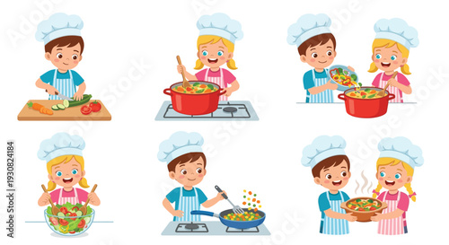 Cute kids happily cooking and preparing various healthy meals together