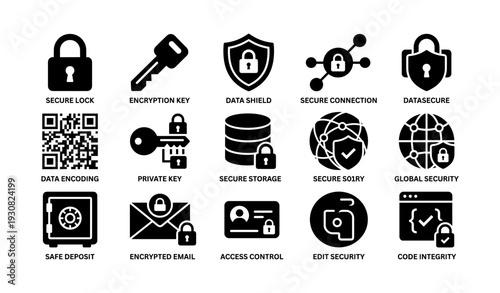 Cybersecurity icons set: lock, key, shield, connection, encoding, storage, privacy