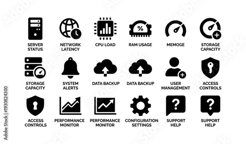 Computer system icons: server, network, cpu, ram, data backup, security symbols