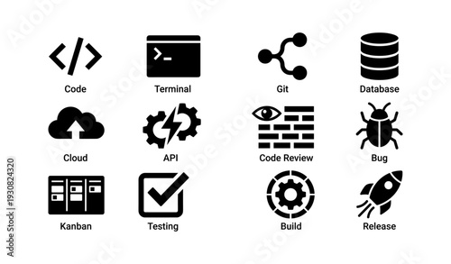 Software development icons: code, terminal, git, database, cloud, api, testing, build, release