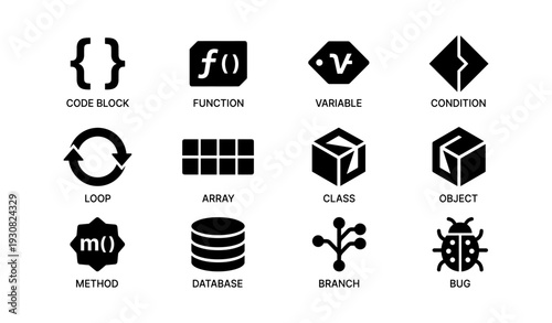 Programming symbols: code block, function, variable, condition, loop, array, class, object, method, database, branch, bug