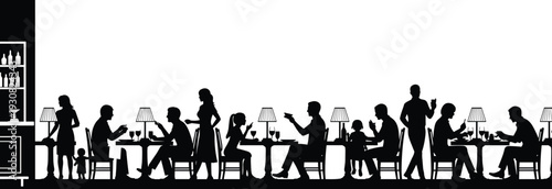 Black silhouette illustration of crowded restaurant interior with people dining at tables and waiter serving food for lifestyle concepts.