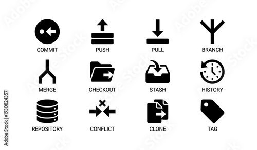 Git command icons collection: commit, push, pull, branch, merge, checkout