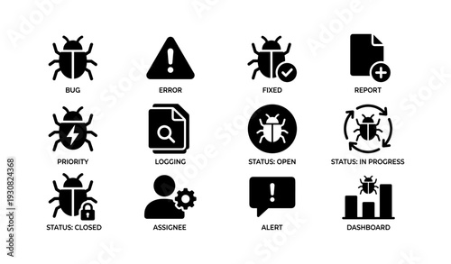 Bug tracking icons: error, report, priority, status, assignee, alert, dashboard