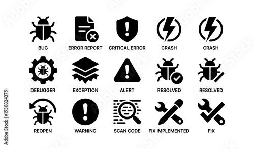 Bug and error icons collection: debugger, alert, fix, crash, warning