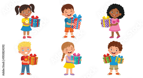 Diverse group of children happily holding brightly colored gift boxes