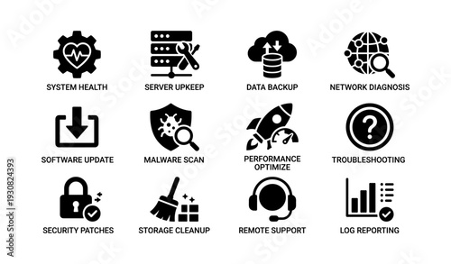 Set of technology service icons: health, maintenance, backup, and support symbols