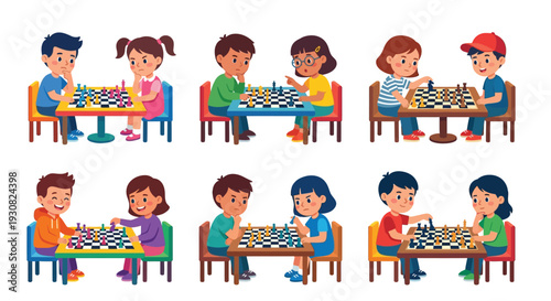 Diverse group of children intently playing chess at small tables
