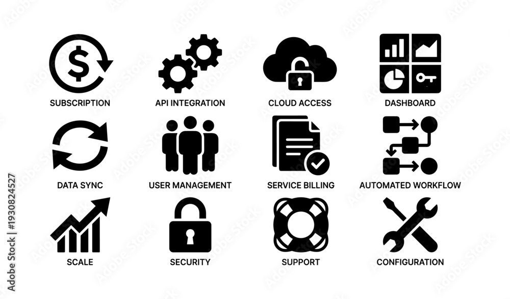 Fototapeta premium Business dashboard icons: subscription, cloud, security, workflow, configuration