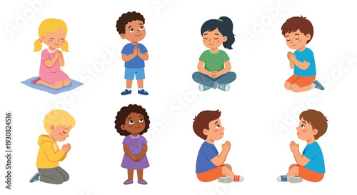 Diverse group of children with hands clasped in prayer or meditation