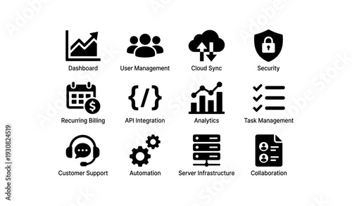Business software icons: dashboard, user management, cloud sync, security, billing
