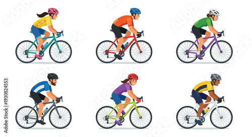 Diverse group of cyclists riding bicycles in various athletic poses