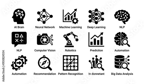 Icons representing ai concepts: neural networks, machine learning, robotics, and more