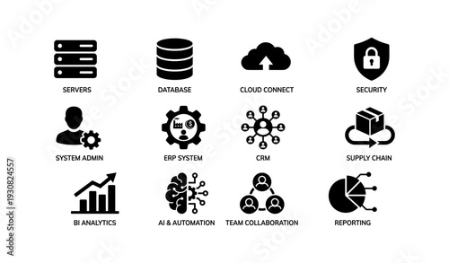 Technology icons for servers, cloud, security, and analytics