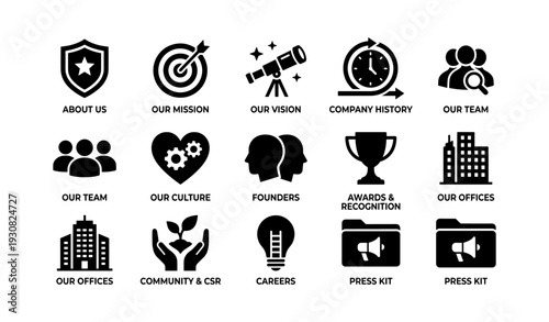 Business information icons: about us, mission, vision, team, awards, community, careers