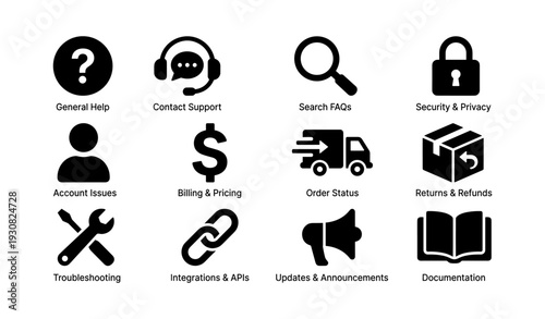Customer support icons: help, contact, security, account, billing, order, returns, troubleshooting