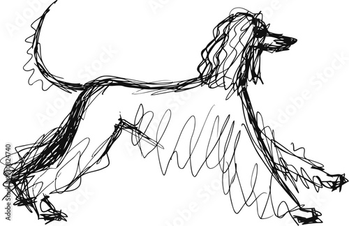 Sketch of a poodle dog with curly fur walking, simple black line illustration on white background