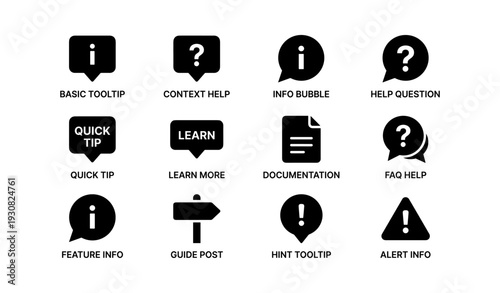 Black info icons: tooltip, help, guide, alert for user interface design
