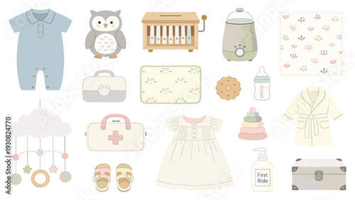 Cute baby collection set with toys, clothes, and accessories displayed together in a playful illustration