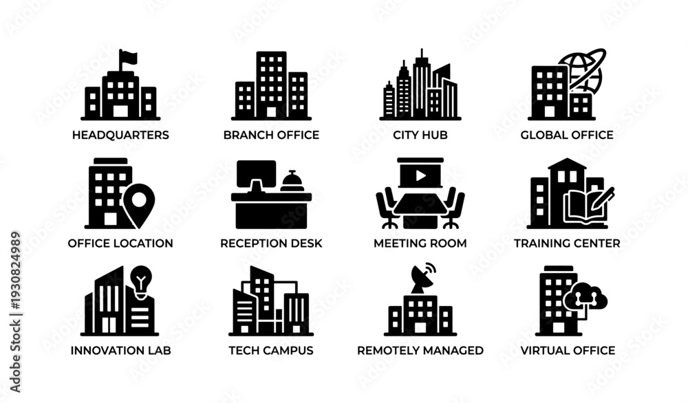 Naklejka premium Icon set of office types including headquarters, branch, city hub, global, and virtual offices