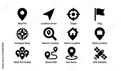 Navigation icons set with map pin, target, and gps satellite symbols